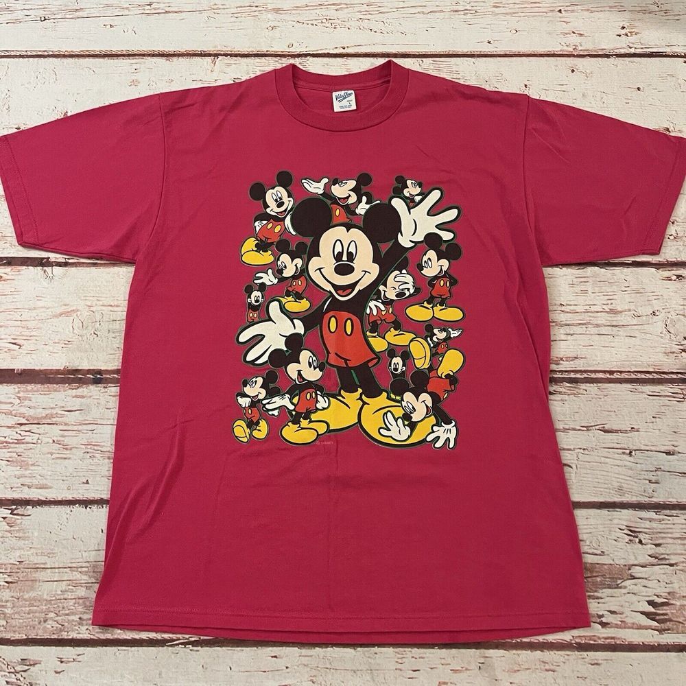 90's Vintage Mickey Mouse T-shirt size Adult Size Large Pink Made In USA‎